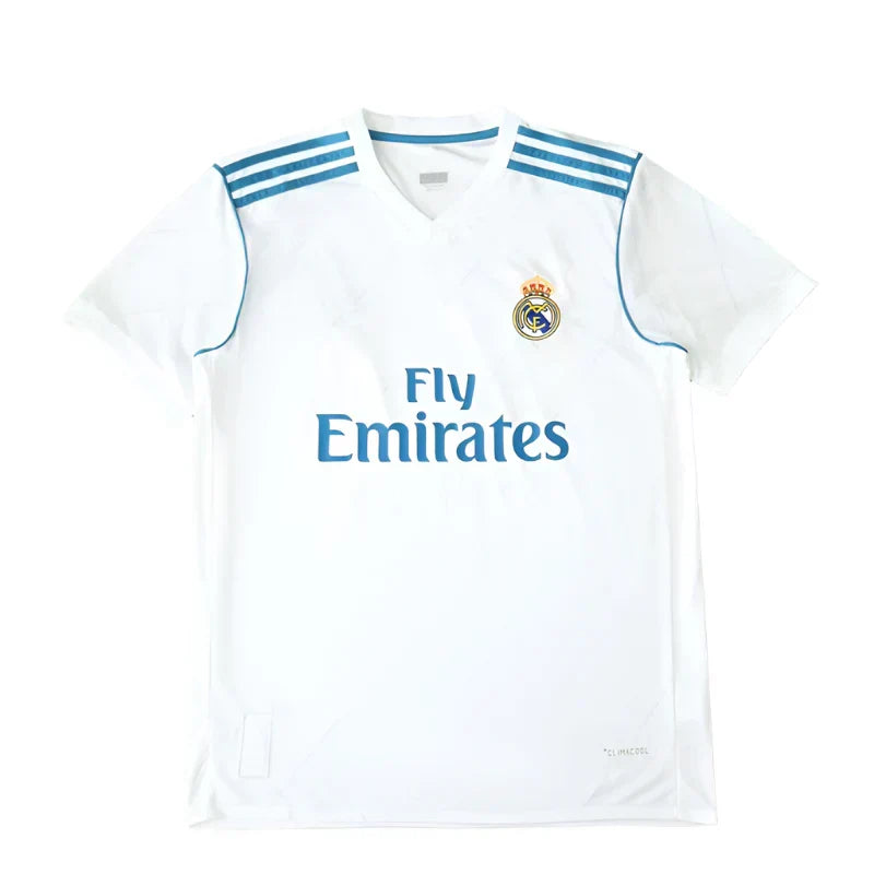 Real Madrid CF Home Retro Fan Version Jersey 2017/18 – White Football Shirt with Sky Blue Trim