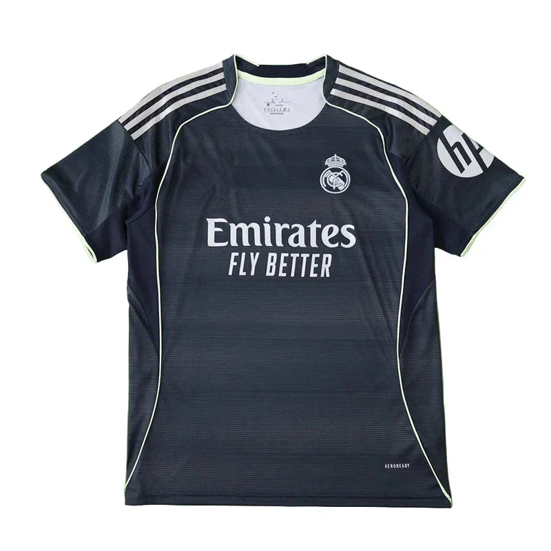Real Madrid CF Away Fan Version 2025/26 – Dark Navy Adidas Horizontal Texture Jersey with Neon Trim | Emirates La Liga Football Shirt