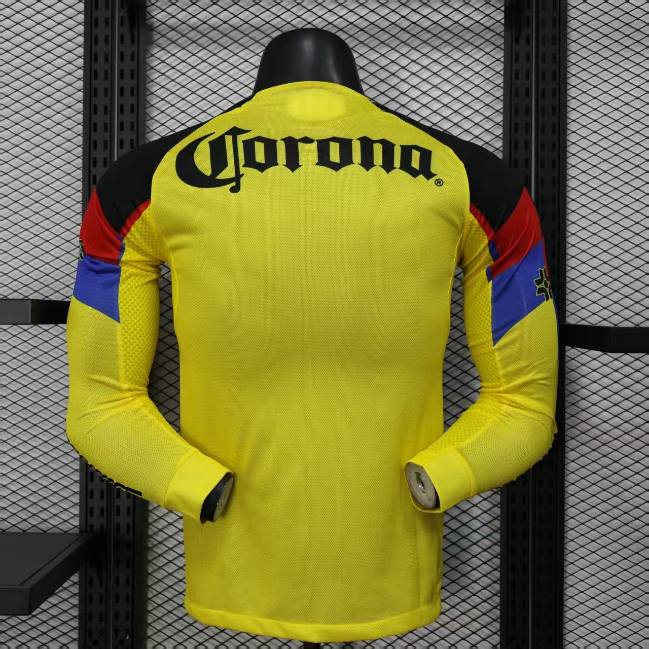 2025/26 Club América Home Long Sleeve Player Version Jersey - Yellow Body Black Upper Chest Red Blue Geometric Colour Block Panels -Yellow Long Sleeves - Club América Crest - Caliente.mx Principal Sponsor