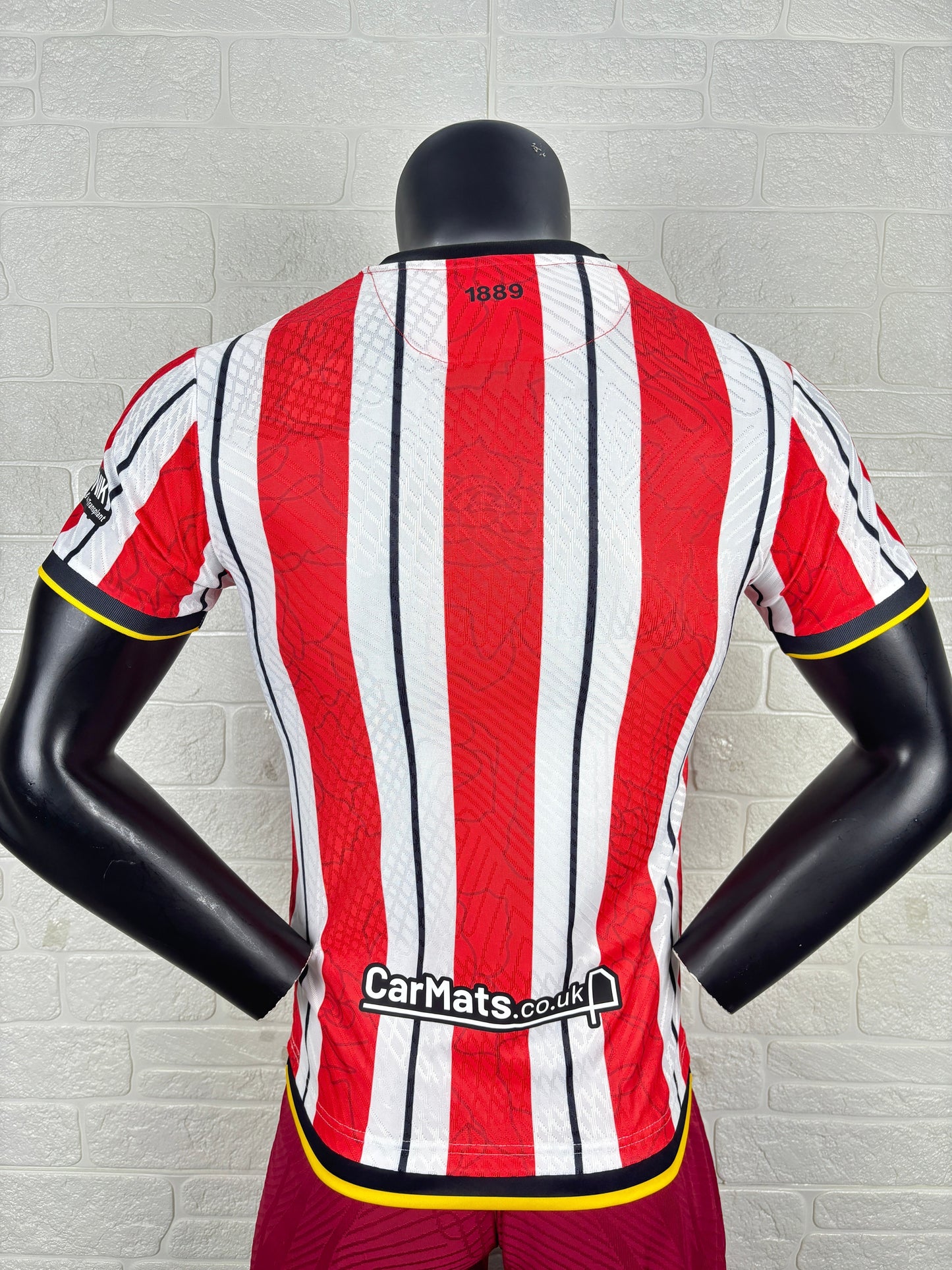 2025/26 Sheffield United Home Player Version Jersey - Erreà - Red White Vertical Wide Stripe - Black Crew Neck Collar - Black Sleeve Cuff & Hem Band with Yellow Piping