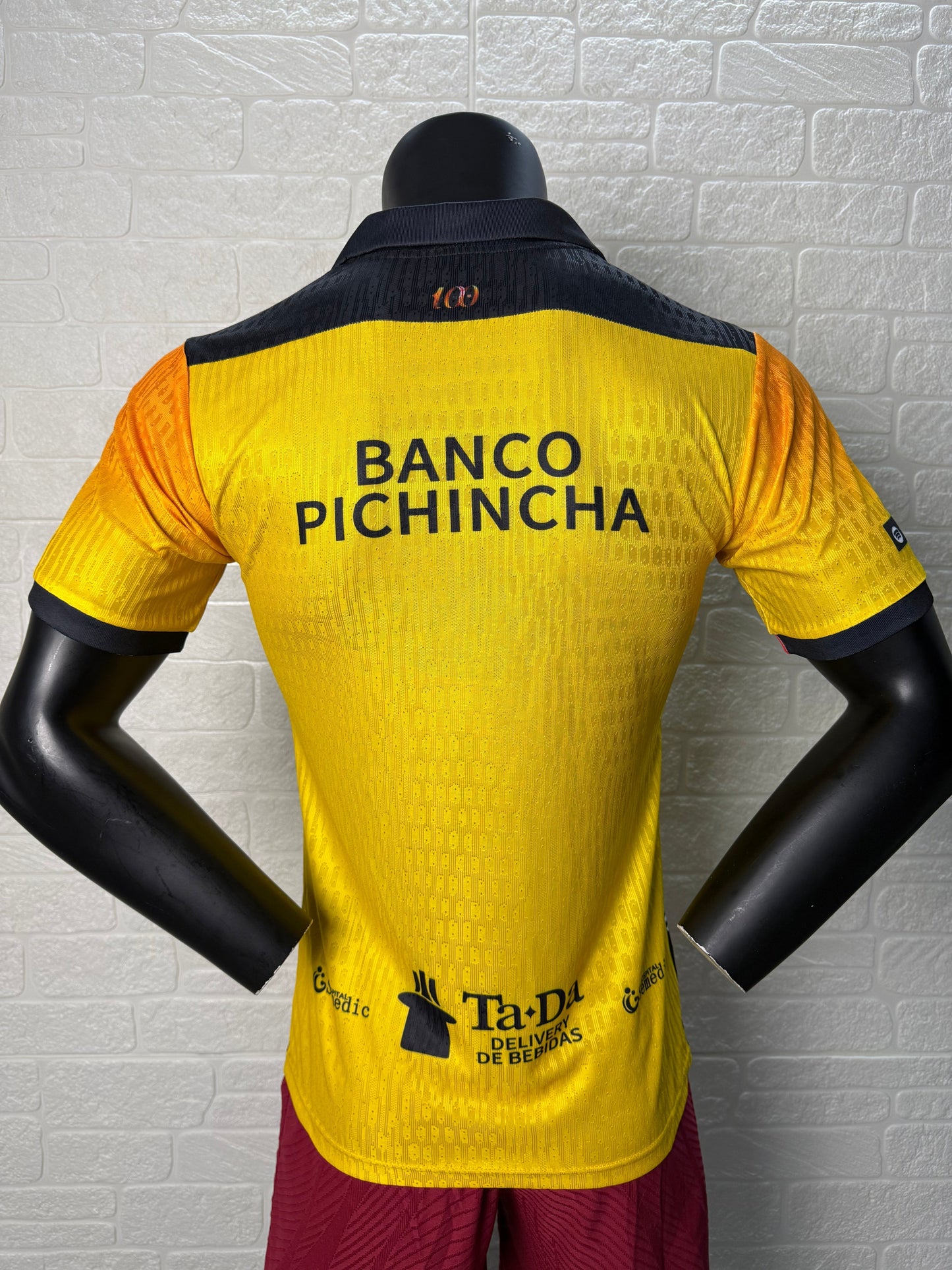 2025/26 Barcelona SC 100th Anniversary Player Version Jersey - Yellow Body Orange Flame Gradient - Marathon - Black V-Neck - Red Sleeve Cuffs - BSC Crest 1925-2025 - Pilsener Principal Sponsor