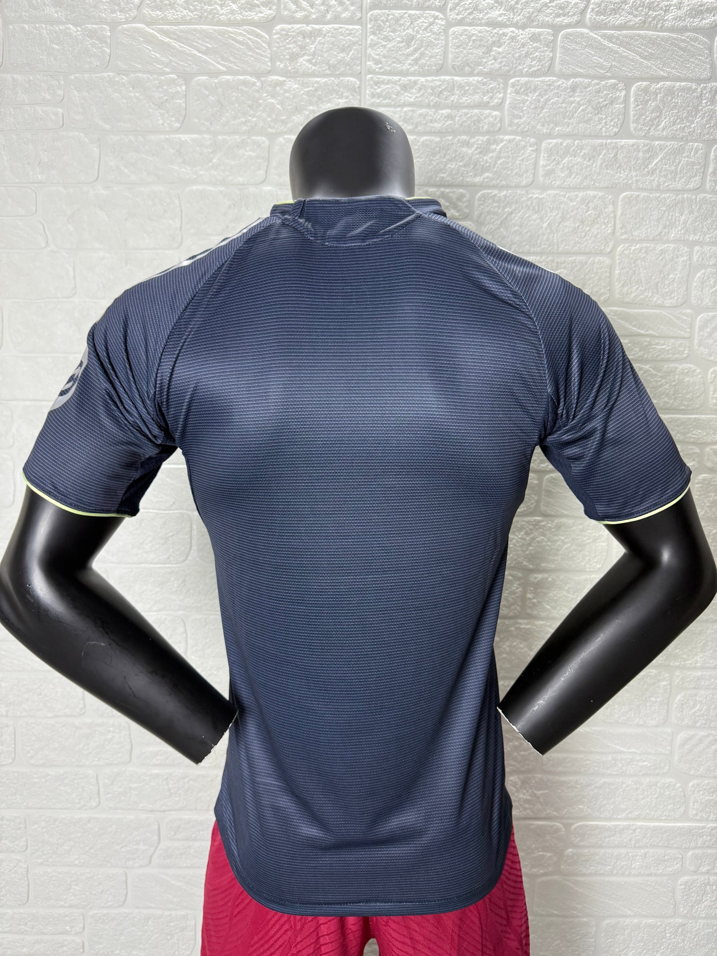 2025/26 Real Madrid Away Player Version Jersey - Dark Navy Blue Tonal Horizontal Stripe - Neon Yellow Green Piping - Emirates Fly Better