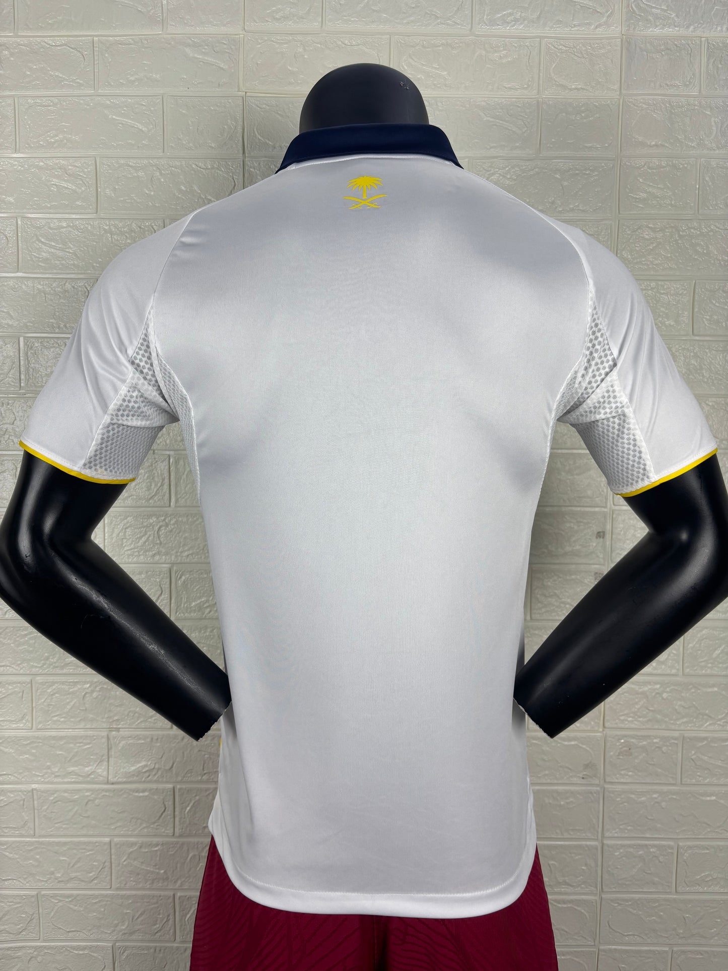 2025/26 Al-Nassr Away Player Version Jersey - White Body - Dark Navy Blue Polo Collar - Gold Yellow Side Seam Piping - KAFD Gold Yellow Sponsor