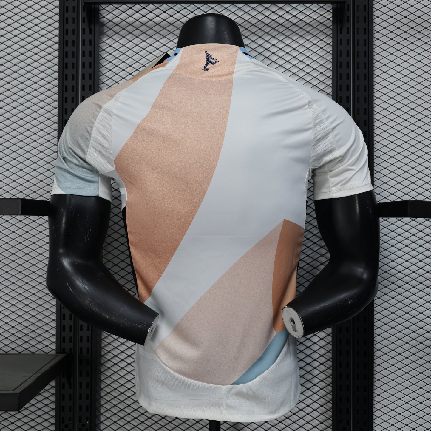 2025/26 Spain Pre-Match Player Version Jersey -White Body - Desert Tan Apricot & Light Blue-Grey Diagonal Colour Block Panels - Dark Navy Crew Neck Collar - RFEF Crest