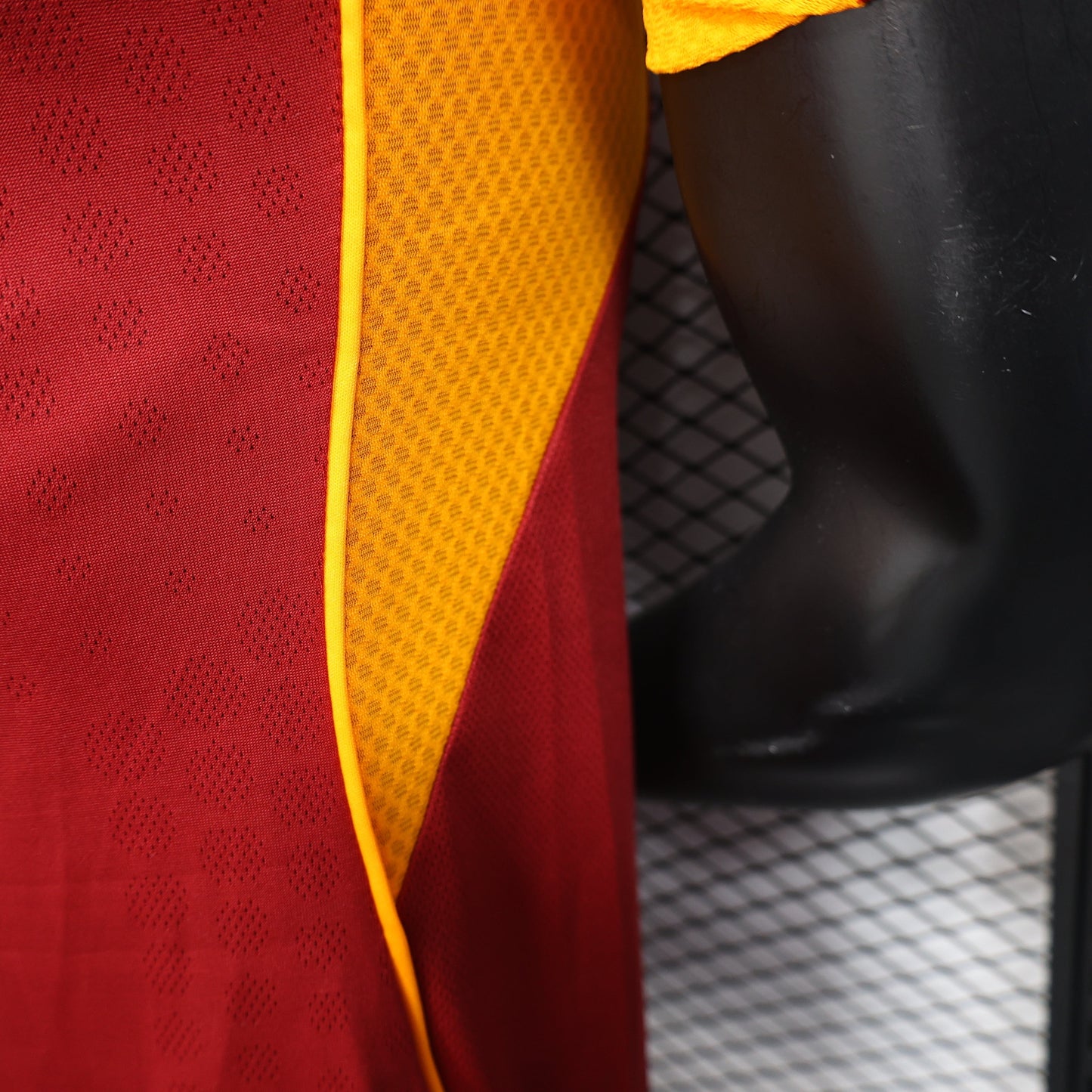 2025/26 AS Roma Home Player Version Jersey - Claret Dark Red Body - Gold Yellow Side Panels & Sleeves - Riyadh Season Gold Yellow Sponsor
