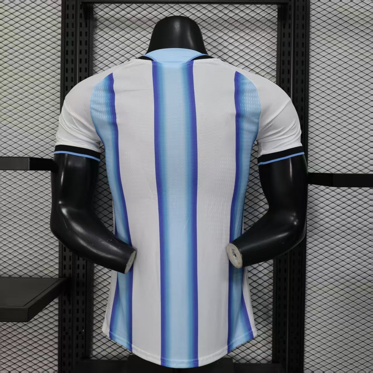 2025/26 Argentina Home Player Version Jersey - White Body Wide Sky Blue Vertical Stripes Diamond Mesh Texture Three Gold Stars Black Sleeve Cuff Trim - Gold Three Stripes - AFA Crest - Men's