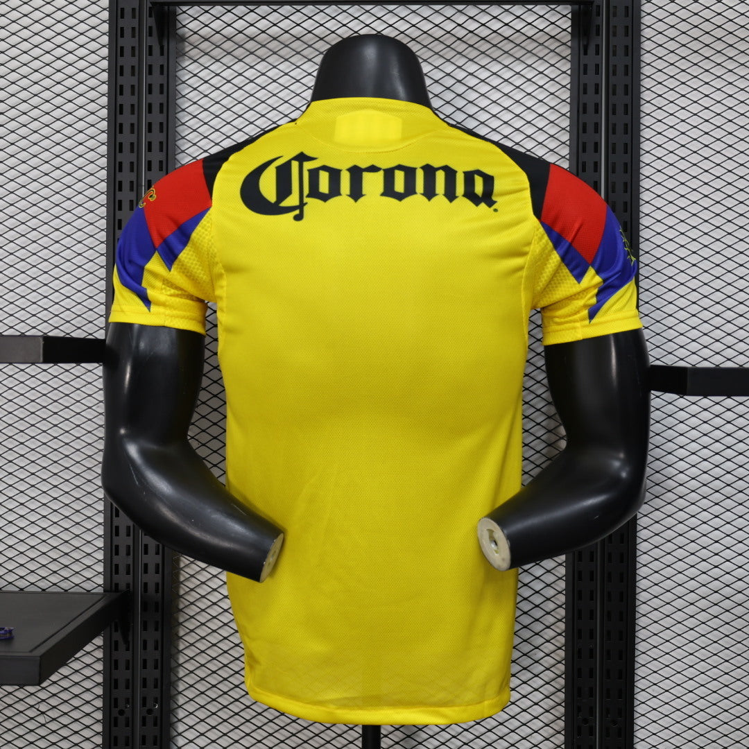 2025/26 Club América Home Player Version Jersey - Yellow Body Black Upper Chest Red Blue Geometric Colour Block Panels - Yellow Three Stripes - Club América Crest - Caliente.mx Principal Sponsor