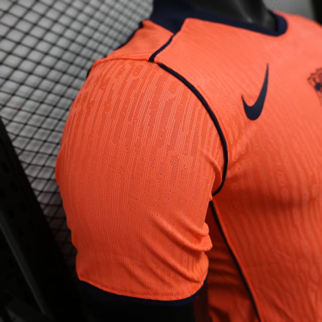 2025/26 FC Barcelona Away Player Version Jersey - Orange Body - Dri-FIT ADV - Navy Blue Crew Neck - Navy Blue Sleeve Cuffs & Side Seam Piping - Navy Blue Nike Swoosh - FCB Orange Monochrome Crest - Spotify Navy Blue Sponsor