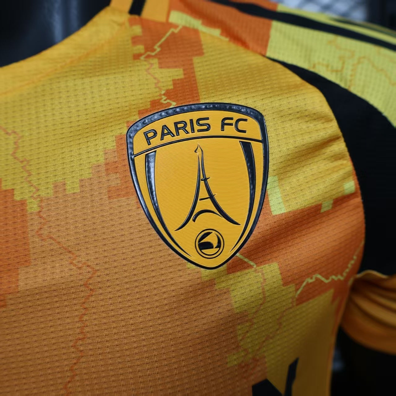 2025/26 Paris FC Away Player Version Jersey - Orange Yellow Pixel Camo Map Pattern - Bahrain Victorious - Black Sleeves