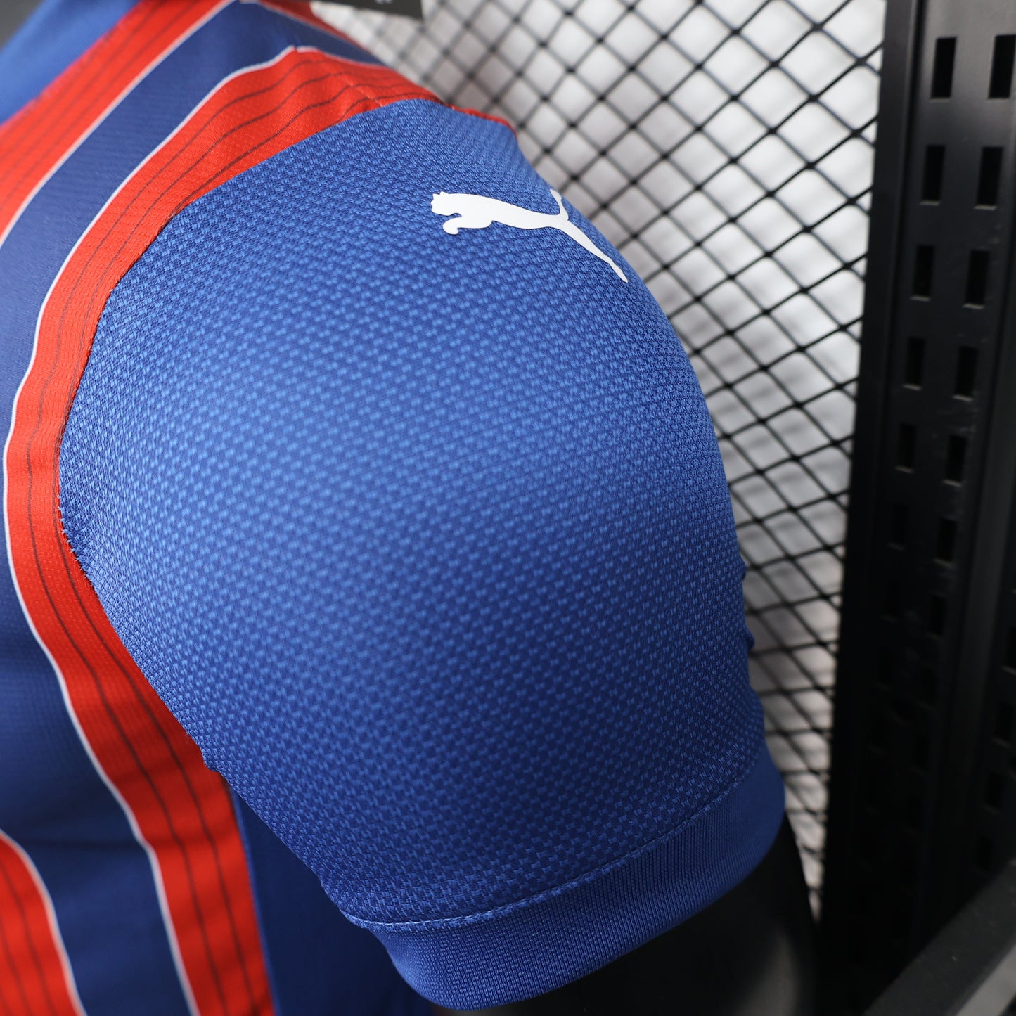 2025/26 Bahia Away Player Version Jersey - Blue & Red Vertical Wide Stripe - Blue V-Neck Collar - White Puma Logo - Bahia Crest Three Gold Stars - Clean Chest