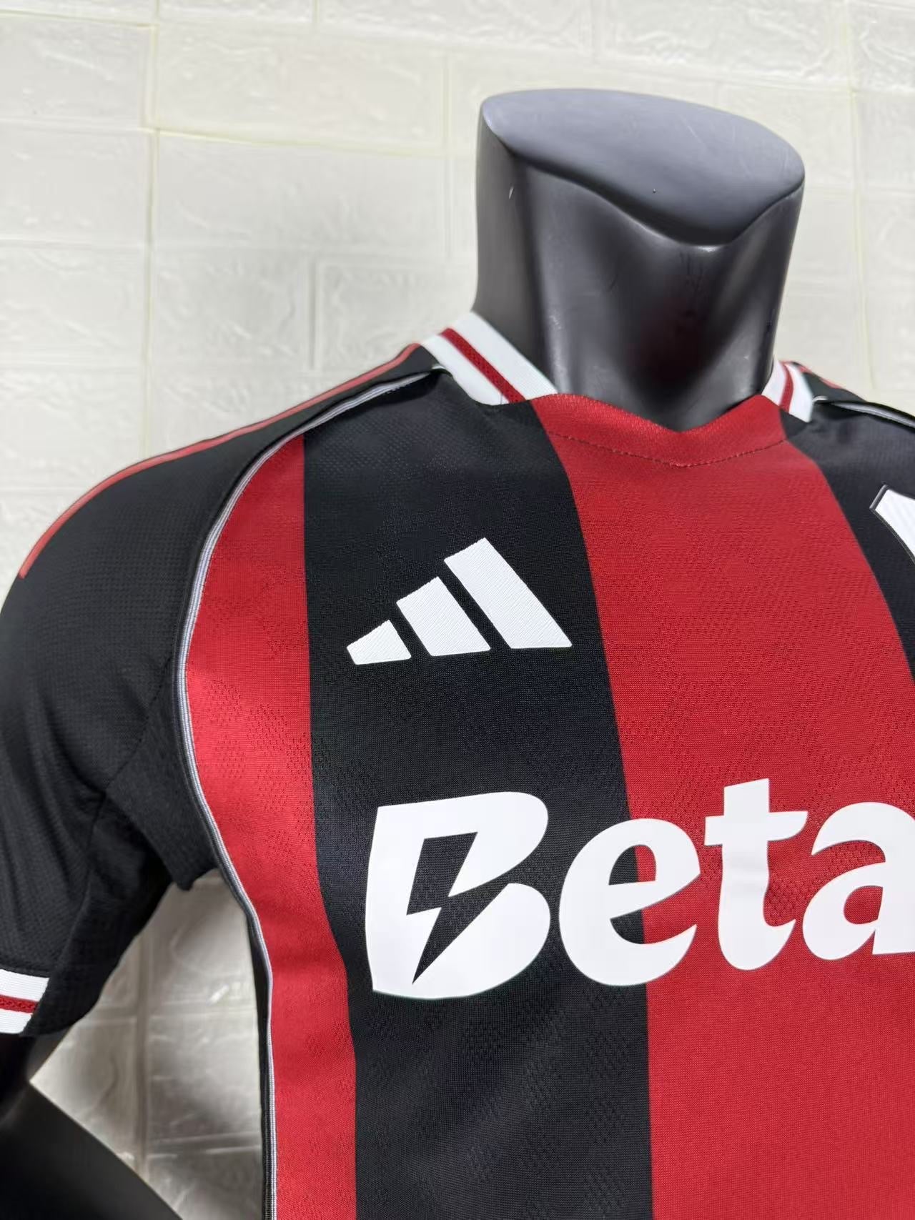 2025/26 River Plate Away Player Version Jersey - Black Red Vertical Wide Stripe - White Red Striped V-Neck Collar - Betano White Sponsor