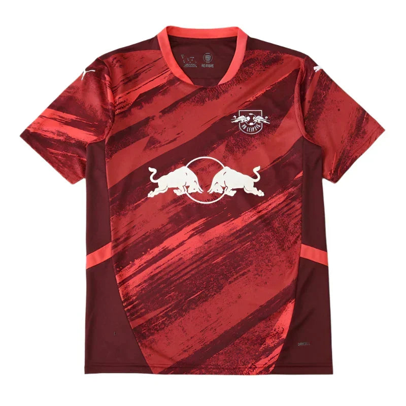 RB Leipzig Away Fan Version 2024/25 – Maroon & Red Brushstroke Print Bundesliga Football Jersey | Double Bull Crest