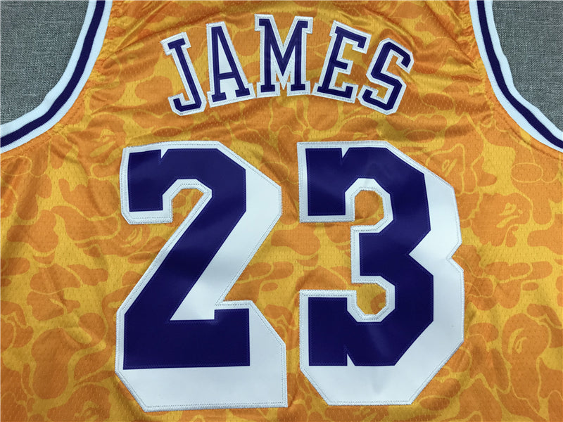 LeBron James #23 Los Angeles Lakers Gold 2018-19 BAPE × Mitchell & Ness Hardwood Classics Camo Ape Head Swingman Jersey