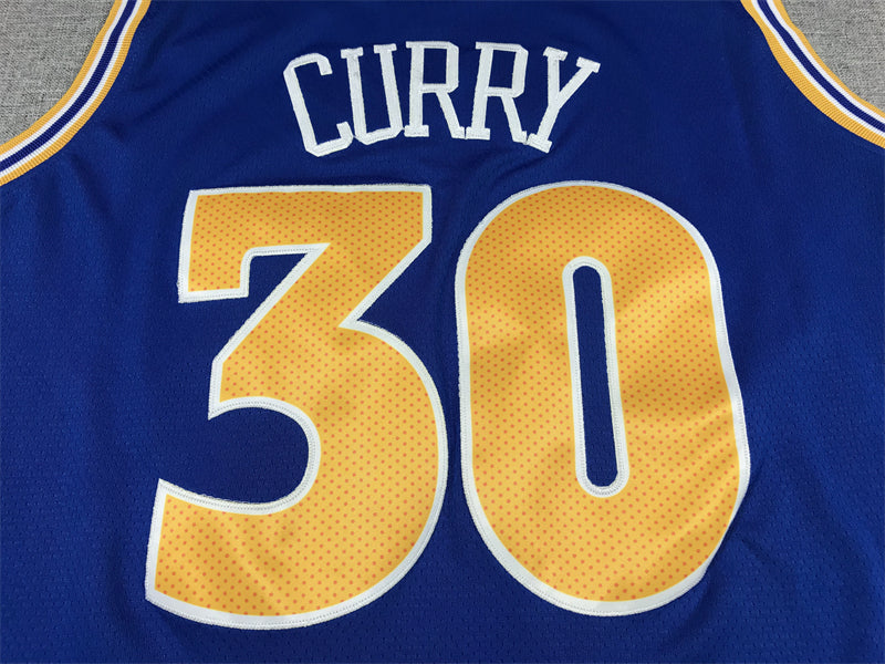 Stephen Curry #30 Golden State Warriors Royal Blue 2022-23 Classic Edition 1980s Retro Gold Italic Warriors Captain "C" Patch Bill Russell #6 Tribute Swingman Jersey