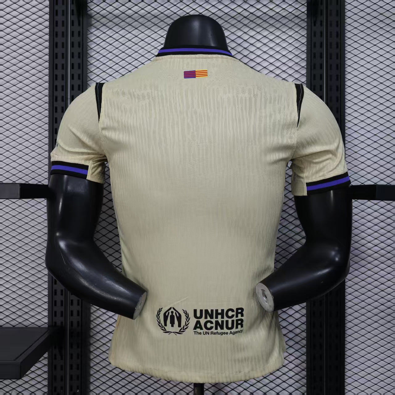 2025/26 FC Barcelona Away Player Version Jersey - Dri-FIT ADV - Champagne Off-White Body - Purple Crew Neck Collar - Black Shoulder Panels - Black FCB Crest - Spotify Black Sponsor