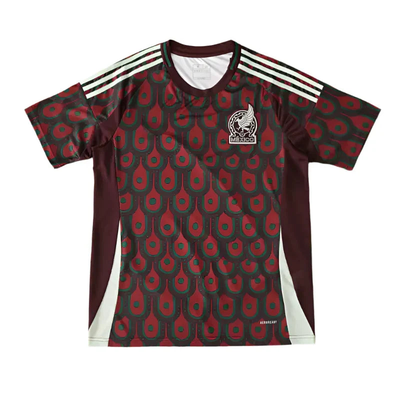 Mexico National Team Home Fan Version Jersey 2024 – Dark Red Green Aztec Feather Print Football Shirt