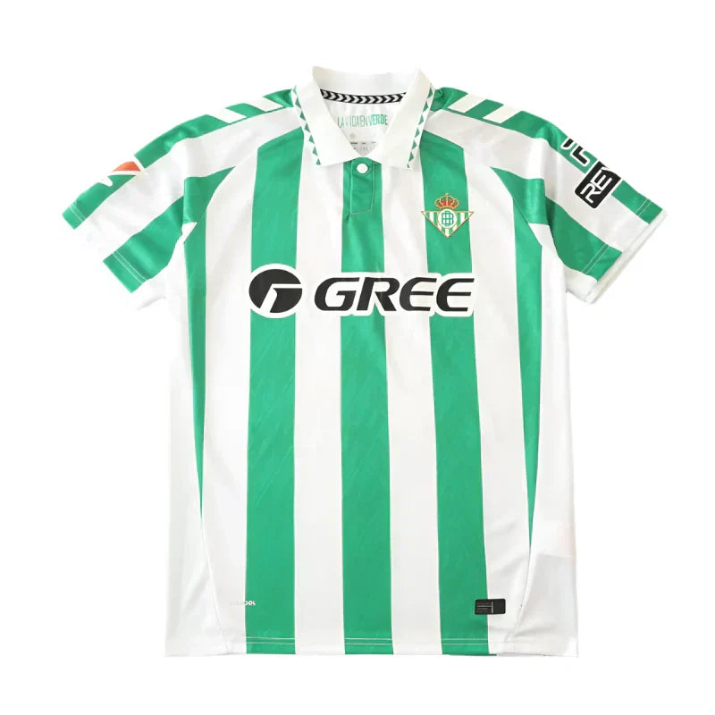 Real Betis Balompié Home Fan Version 2024/25 X Edition – Green & White Vertical Stripe La Liga Football Jersey | Gold Crest