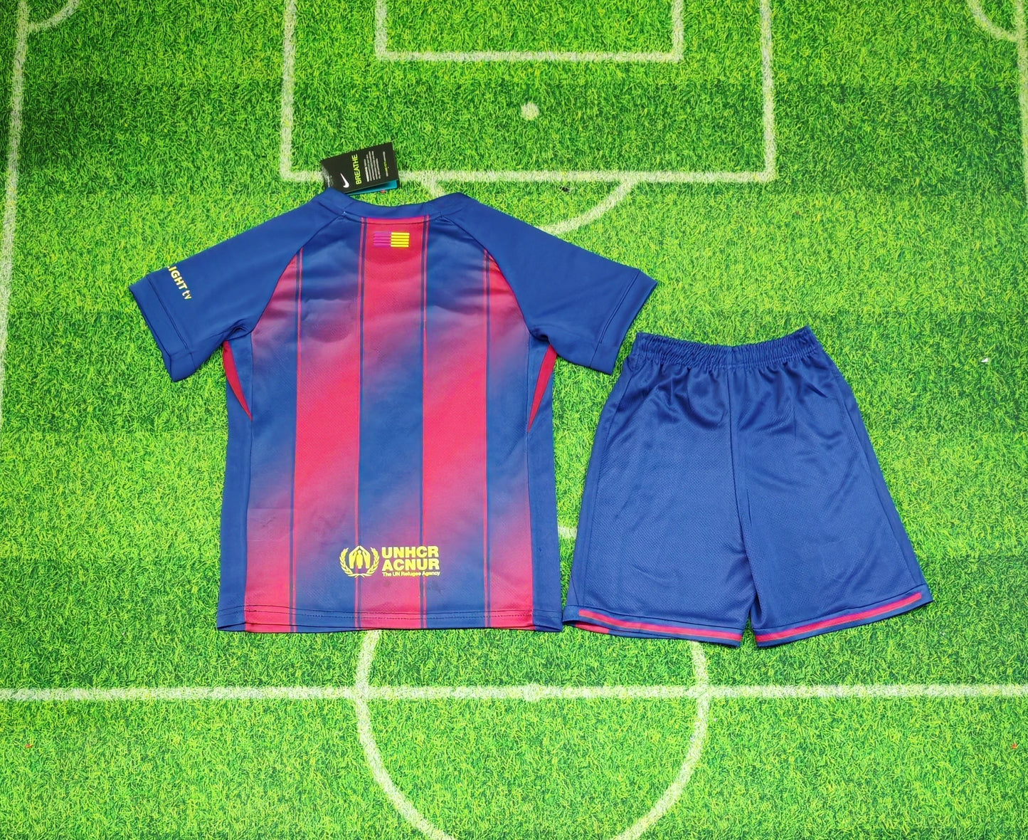 2025/26 FC Barcelona Home Kit for Kids - Jersey & Shorts Set - Royal Blue & Deep Red Vertical Wide Stripe - White Crew Neck - Yellow Nike Swoosh - FCB Crest - Spotify Yellow Sponsor
