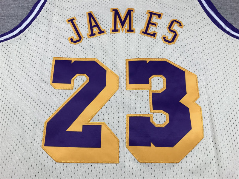 LeBron James #23 Los Angeles Lakers Cream Mitchell & Ness Hardwood Classics Retro Basketball Logo Swingman Jersey