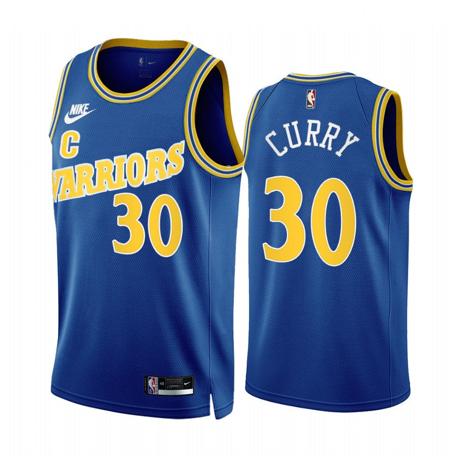 Stephen Curry #30 Golden State Warriors Nike Royal Blue 2022-23 Classic Edition Captain "C" Patch Retro Script Swingman Jersey - Men's & Youth