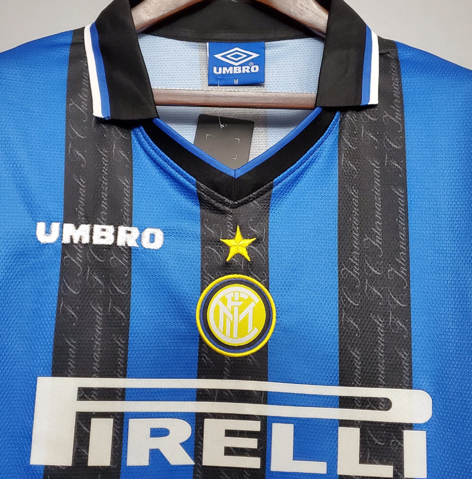 Inter Milan 1997-98 Home Retro Jersey – Umbro Blue Black Stripes Pirelli Ronaldo Zanetti Serie A Football Shirt