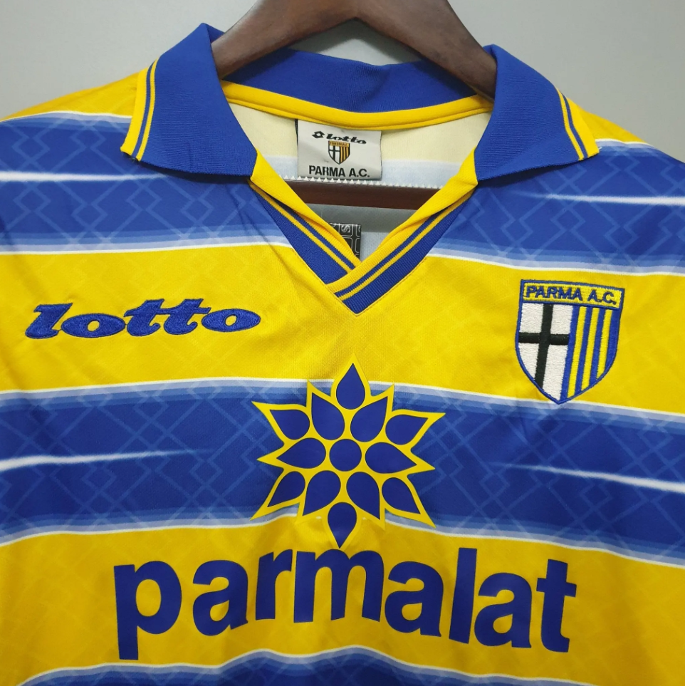 Parma 1998-99 Home Retro Jersey – Lotto Yellow Blue Parmalat Crespo Veron Cannavaro Thuram Football Shirt
