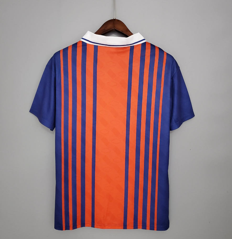 Paris Saint-Germain 1992-93 Away Jersey – Orange & Blue Stripes Nike Commodore Tourtel Retro Ligue 1 Football Shirt | Classic Early 90s PSG Kit
