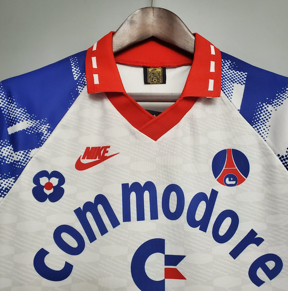PSG 1993-94 Away Retro Jersey – White Blue Pixel Splatter Commodore Tourtel Nike Fan Version Football Shirt