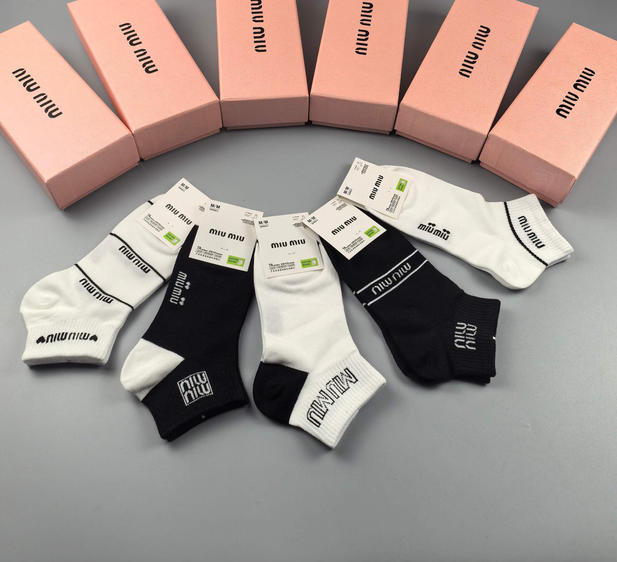 Miu Miu Black Cream Mixed Small Wordmark Graphics Ankle Socks, image 9