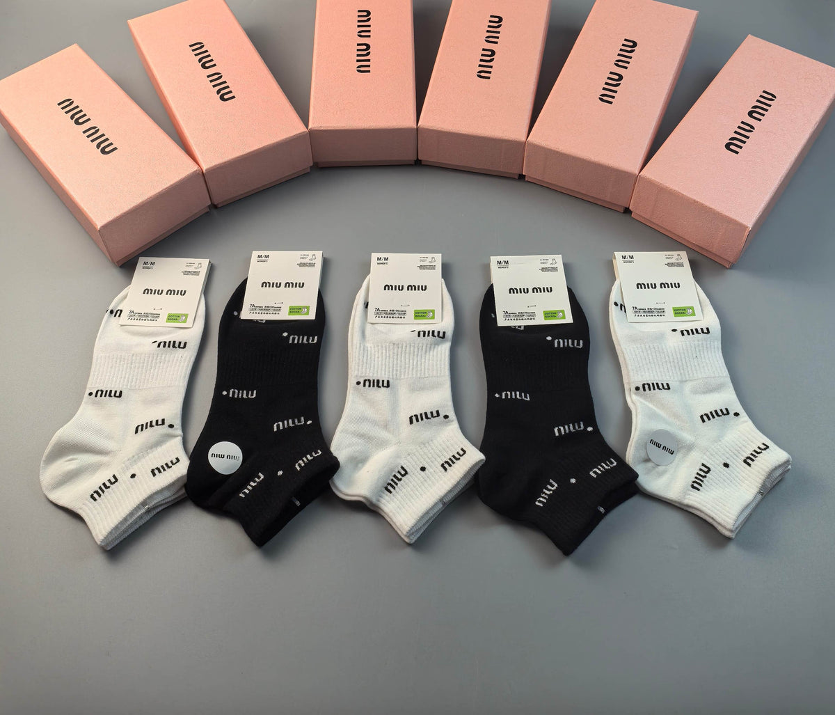 Miu Miu Black Cream Scattered Small Letter Panels Ankle Socks, image 9