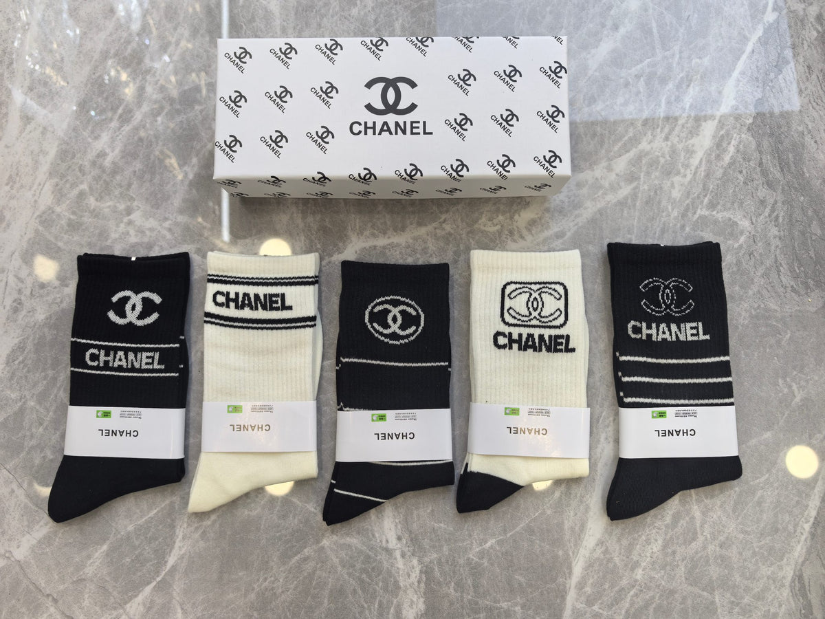 Chanel Black Cream Broad Ornamental Panels Crew Socks, image 6
