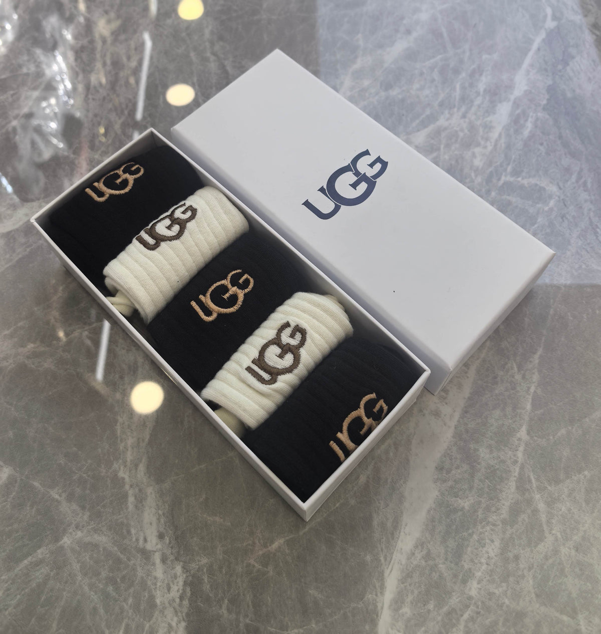 UGG Black Cream Small Gold Lettering Crew Socks, image 6