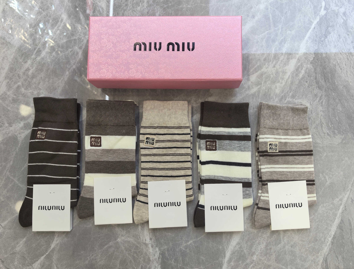 Miu Miu Boxed Neutral Ribbed Rectangle Motifs Crew Socks, image 6