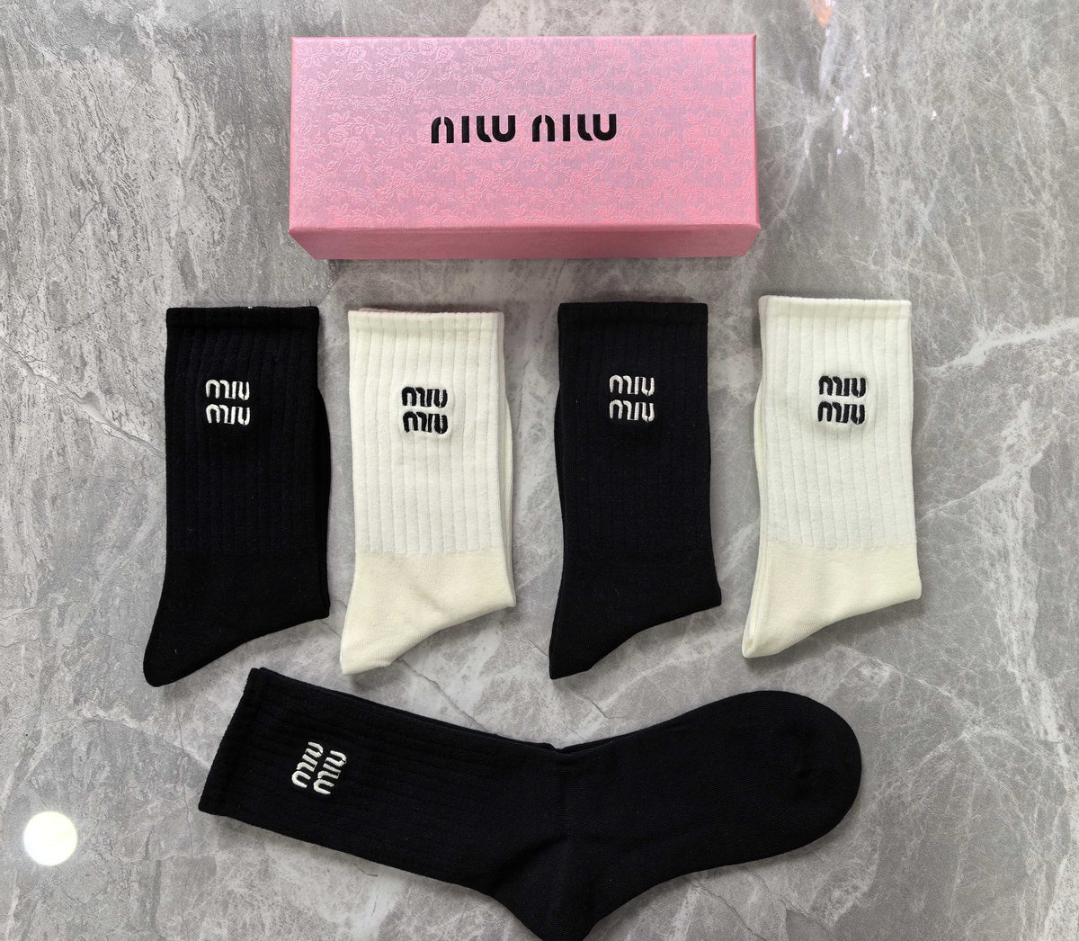 Miu Miu Boxed Black Cream Stacked Wordmarks Crew Socks, image 6