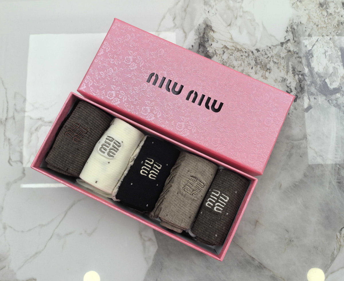 Miu Miu Earthy Neutral Frilled Cuff Wordmarks Crew Socks, image 6