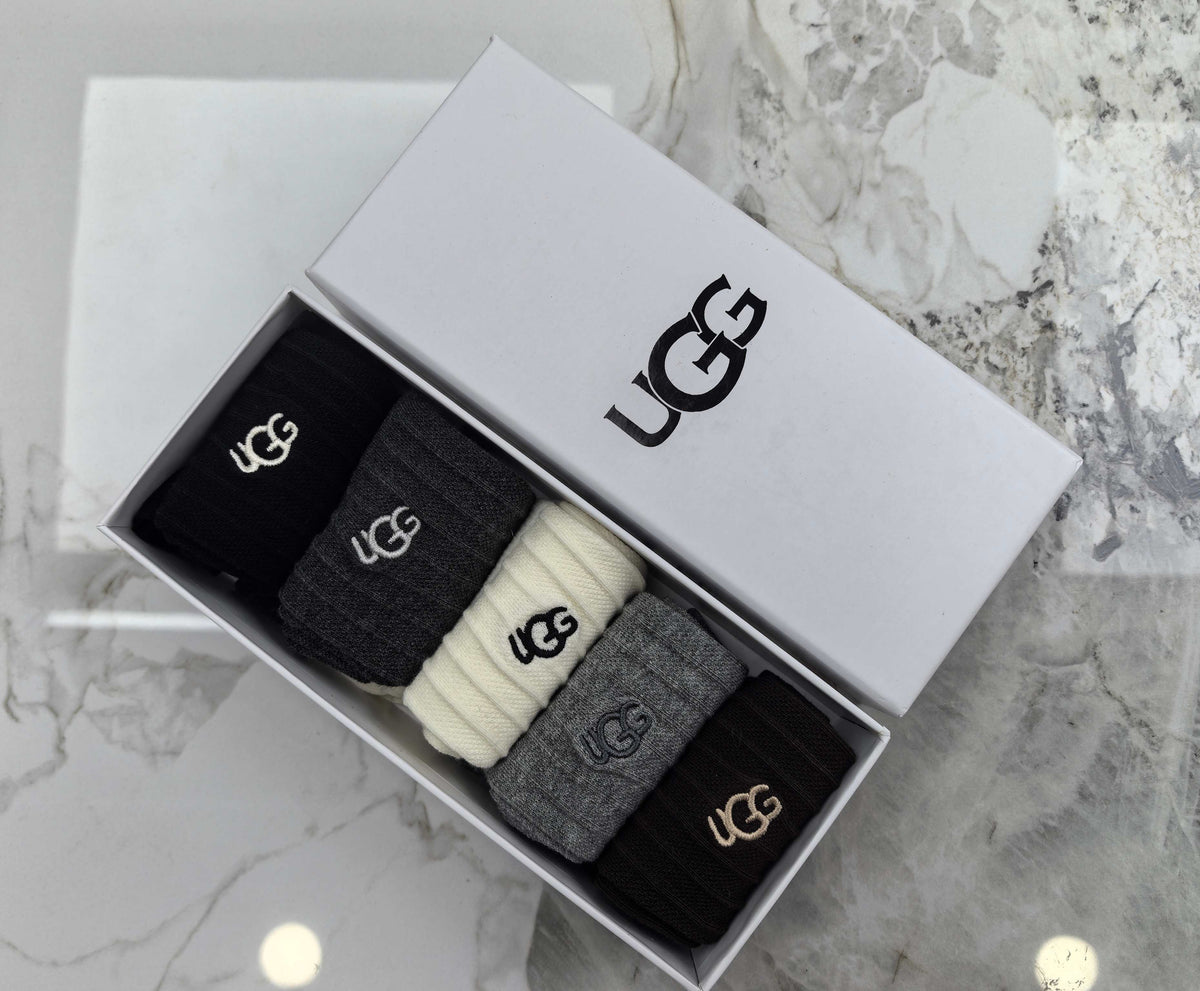 UGG Black Grey Cream Ribbed Leg Small Motif Crew Socks, image 6