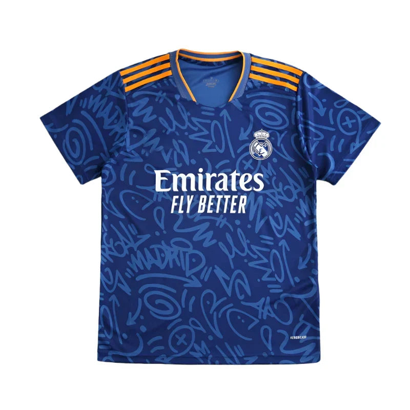 Real Madrid CF Away Fan Version 2021/22 – Blue Graffiti Street Art All-Over Print Adidas Football Jersey | Orange Stripe La Liga Shirt