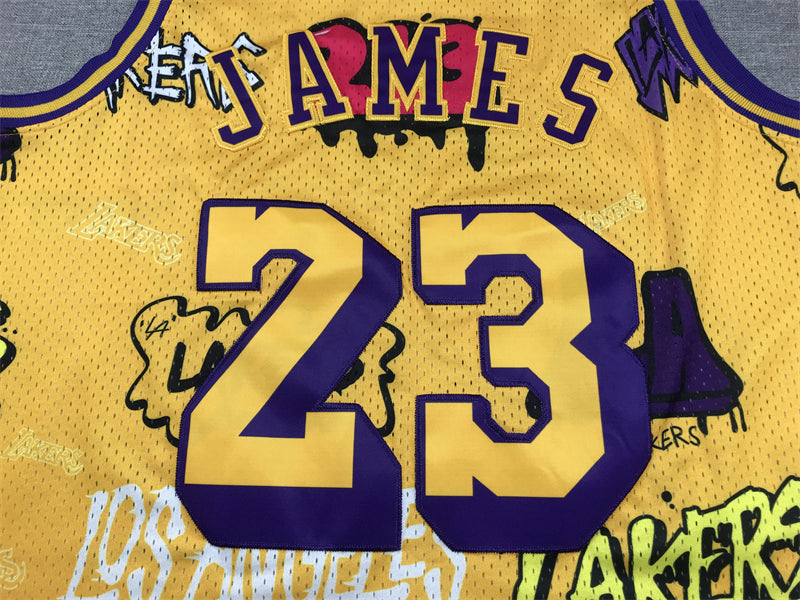 LeBron James #23 Los Angeles Lakers Gold 2018-19 Graffiti Edition Mitchell & Ness Hardwood Classics Swingman Jersey