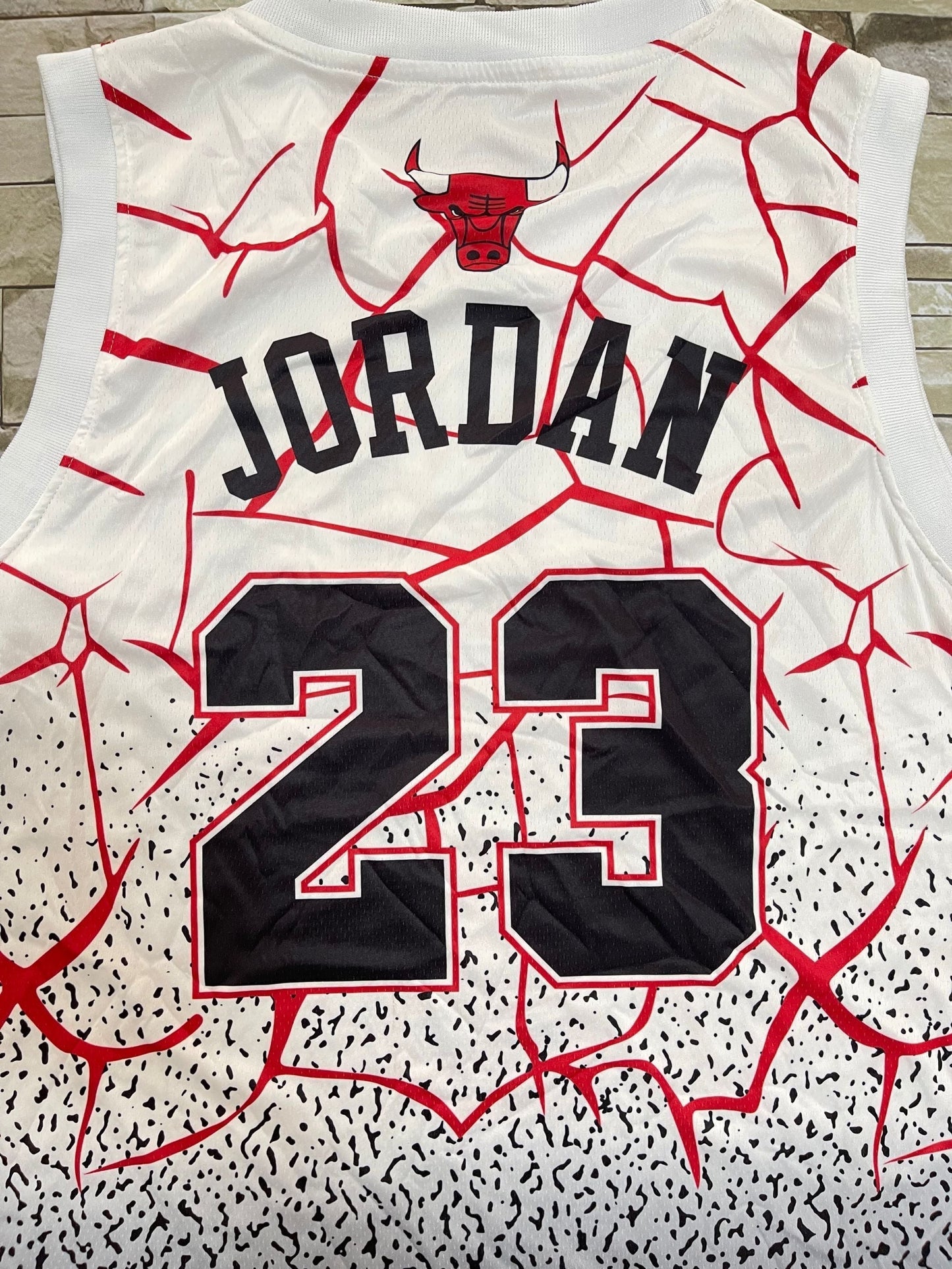 Chicago Bulls Mitchell & Ness White Black Gradient Cracked Red Lightning All-Over Print Hardwood Classics Swingman Jersey