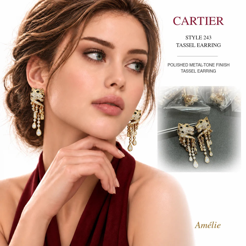 Cartier Style 243 Polished Metal-Tone Tassel Earrings worn by model with matching product close-up on white background