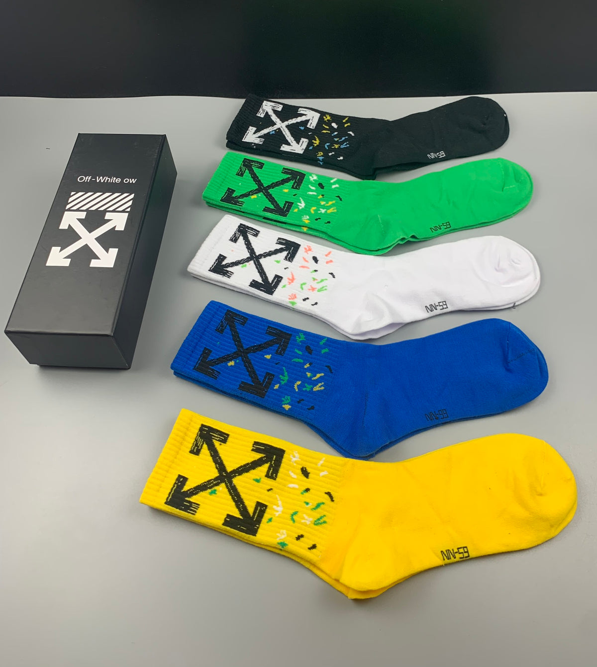 Off-White Bright Yellow Green Blue Large Arrows Crew Socks, image 6