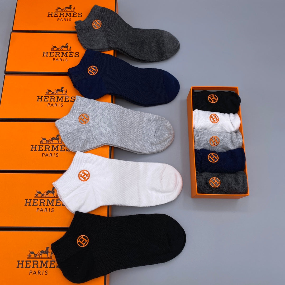 Hermès White Navy Grey Orange Side Emblem No-Show Socks, image 9