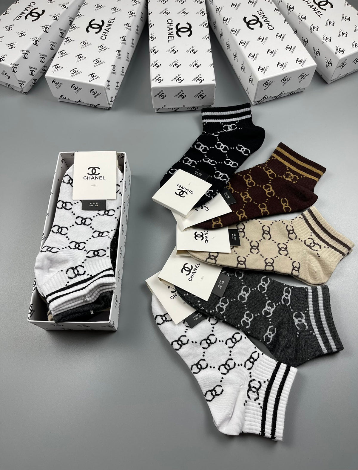 Chanel Neutral Earthy Mixed Stripe Pattern Crew Socks, image 9