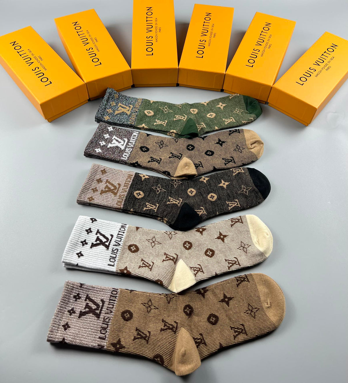 Louis Vuitton Earthy Allover Letter Flower Pattern Crew Socks, image 9