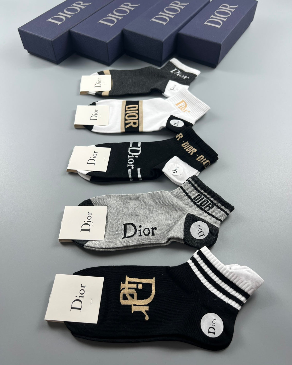Dior Black White Grey Mixed Monogram Panels Ankle Socks, image 9