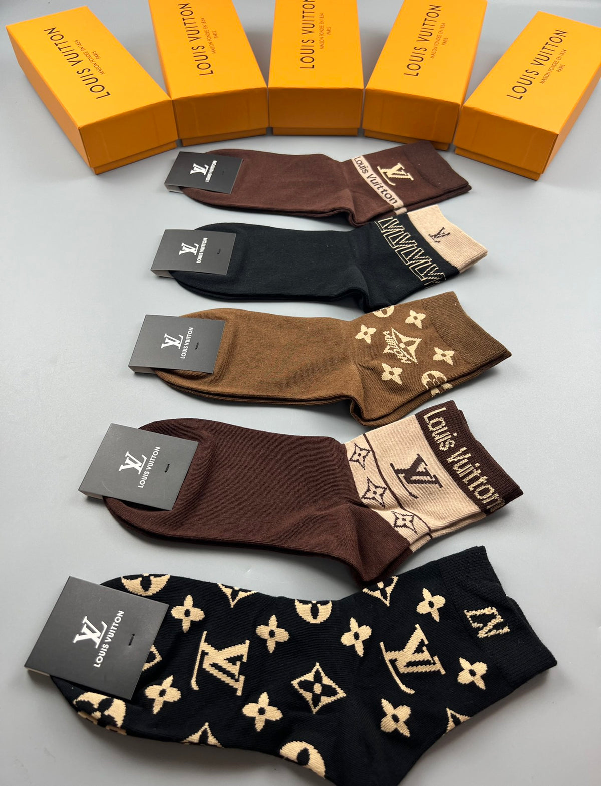 Louis Vuitton Dark Brown Black Letter Pattern Crew Socks, image 9