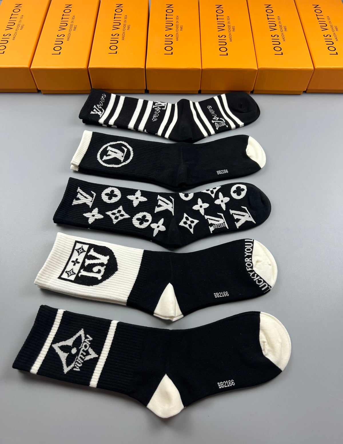 Louis Vuitton Black White Mixed Emblem Stripes Crew Socks, image 9