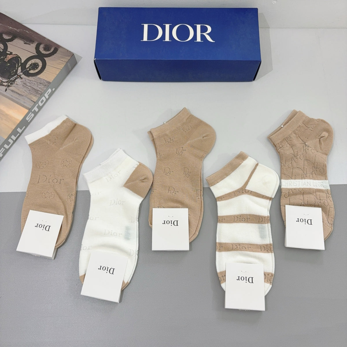 Dior Beige Brown White Broad Stripe Crew Socks, image 9