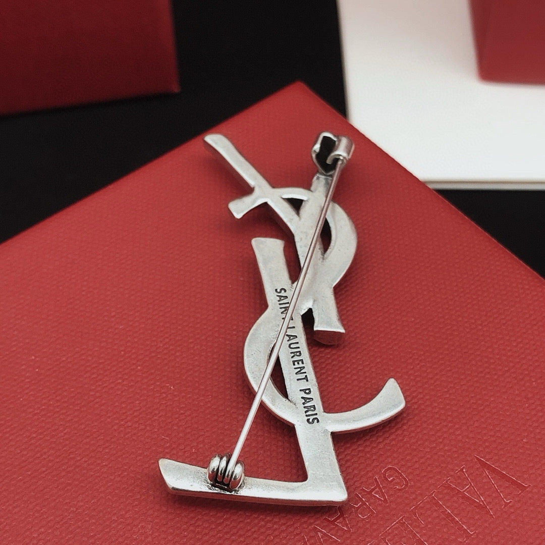 Saint Laurent Silver-Tone YSL Logo Brooch - image 8