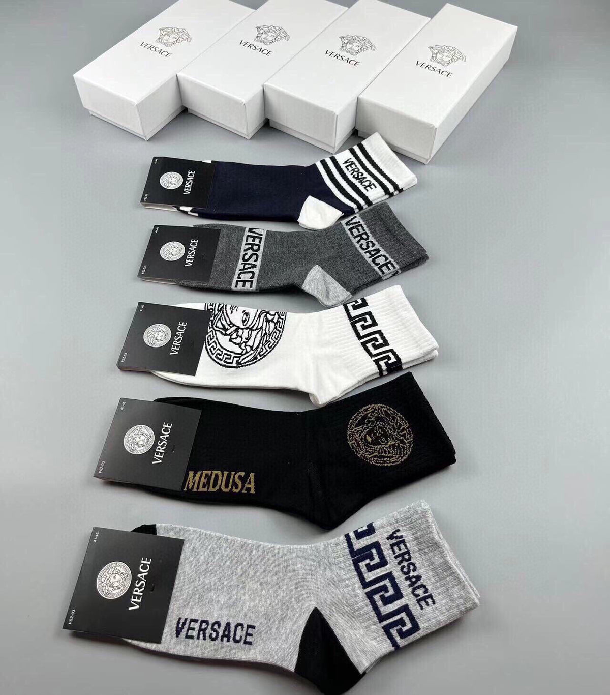 Versace Black White Grey Ornamental Mix Crew Socks, image 18